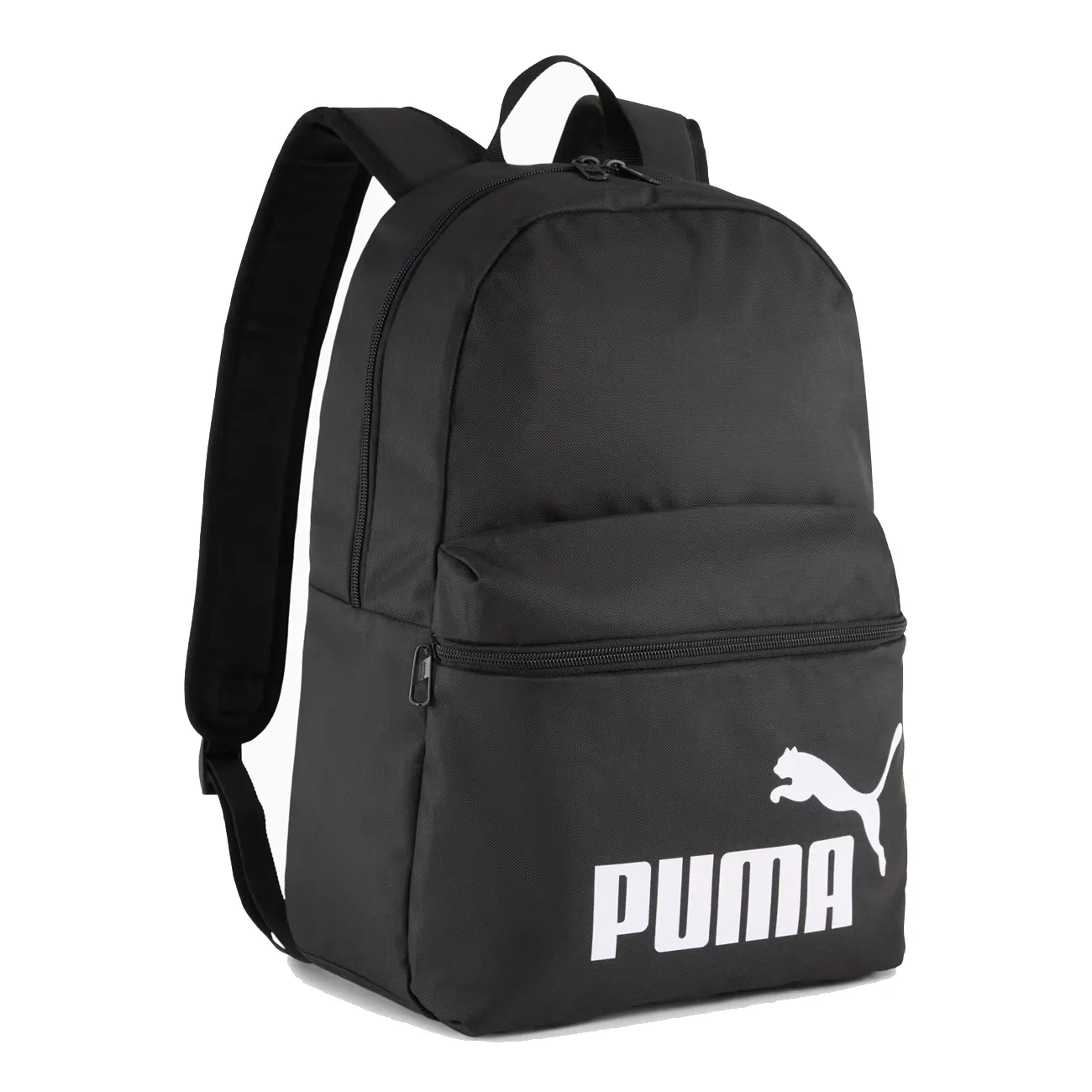 Mochila esportiva preta Puma vista traseira com bolso frontal e logotipo branco